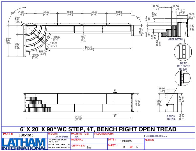 90 Deg. Steel Wedding Cake Corner 4-Tread Step (w/ 6" Radius Inserts) w/ Left Bench 42"